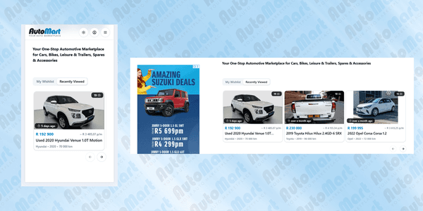 Auto Mart, Relauch, AI tools, Cars, Bikes, Bakkies, Spares, Accessories, Light Commercial Vehicles, Leisure, Recently Viewed.png